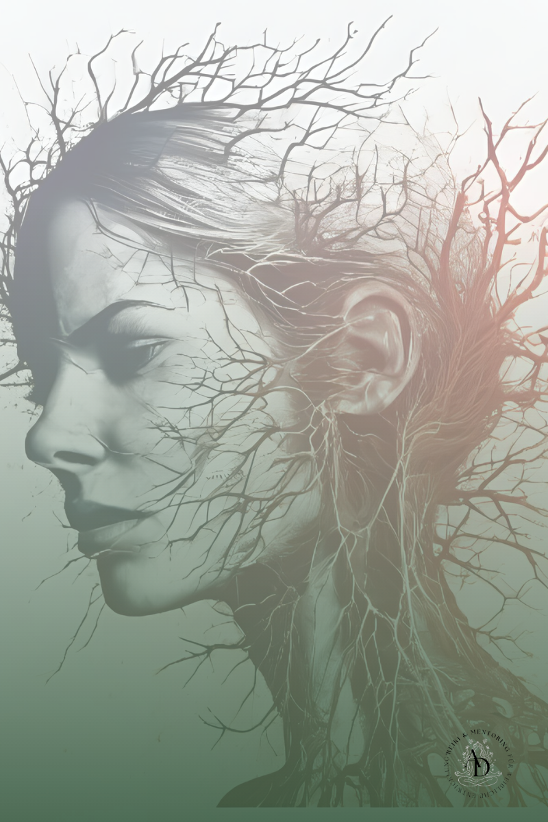 Frau depressiv mit symbolischen Zweigen - Last der Generationen