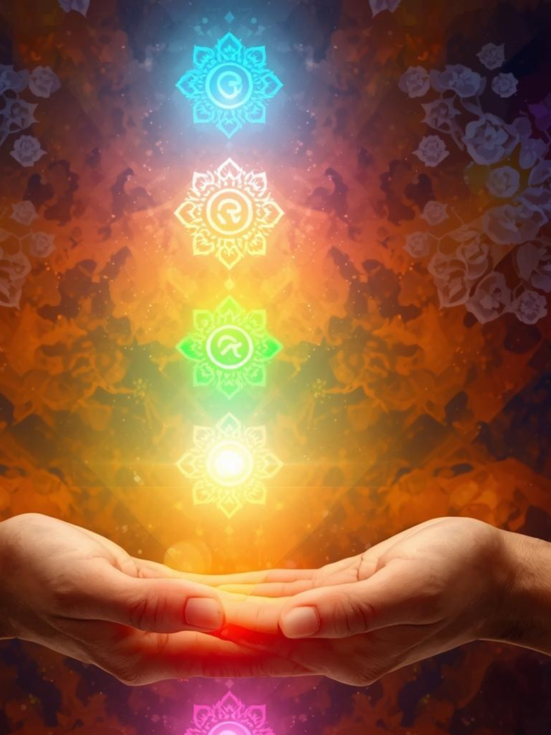 Reiki-Symbole und Hände in Reiki-Haltung